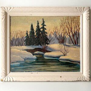 Vintage Original Winter Landscape Oil Painting Snowy Stream Trees Signed Framed
